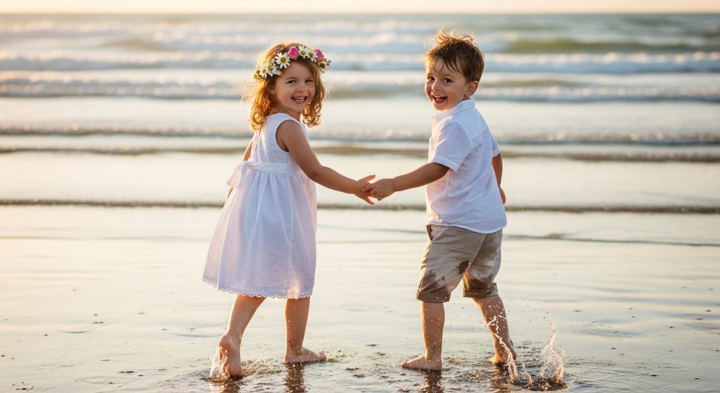 Children in comfortable linen and cotton beach wedding attire running on the sand.