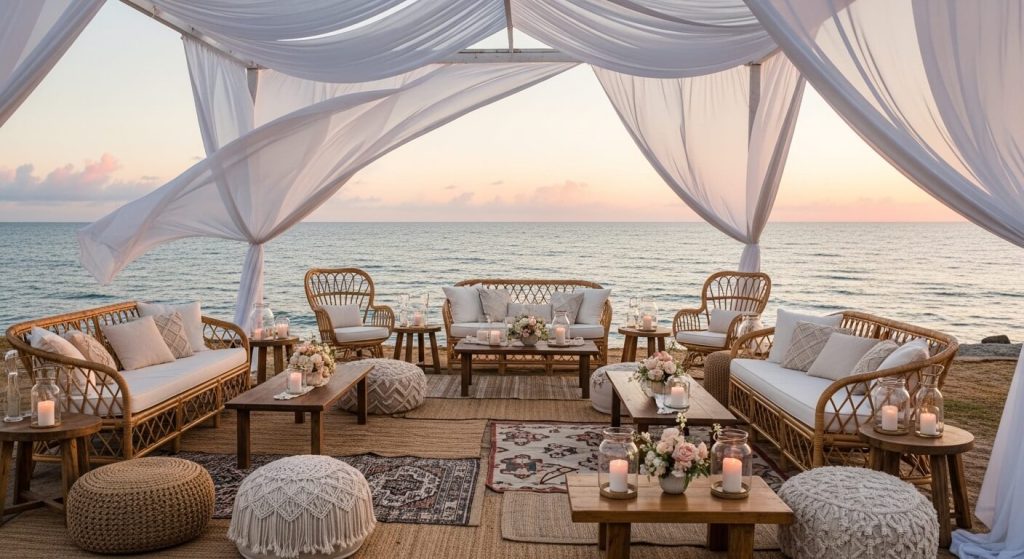 Boho Coastal Lounge Under Draped Fabric